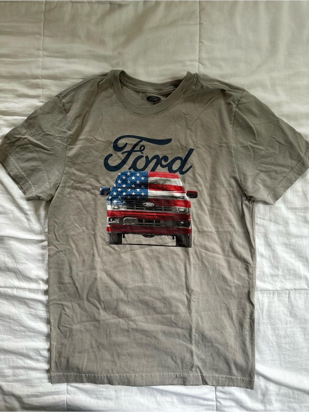 Ford Men’s Gray Graphic T-Shirt with American Flag Truck